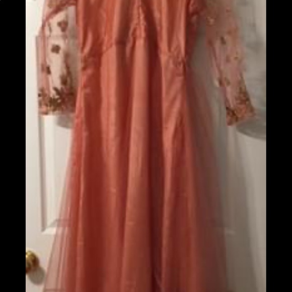 Embroidered Net Abaya Style Suit in Dark Peach - Picture 7 of 8